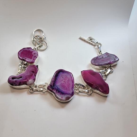 Gemstone Bracelets Sterling Silver Raw Pink Agate Slice Bracelet Adjustable Fit - Picture 2 of 10